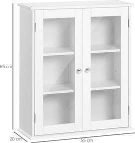 Armário Casa de Banho de Parede com 2 Portas de Cristal Armário Suspenso com Prateleiras Ajustáveis em Altura Multiuso para Cozinhas Sala de Estar 55x