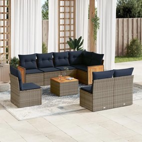 vidaXL 9 pcs conjunto sofás p/ jardim c/ almofadões vime PE cinzento