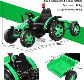Trator elétrico infantil 2 em 1 com reboque. Inclui comando à distância e cinto de segurança de 2 pontos para crianças de 3 a 8 anos. Verde.