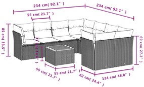 9 pcs conjunto de sofás p/ jardim com almofadões vime PE bege