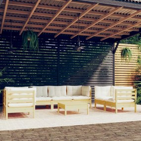 vidaXL 8 pcs conjunto lounge jardim c/ almofadões creme pinho maciço