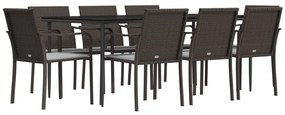 9 pcs conjunto de jantar p/ jardim com almofadões vime PE e aço