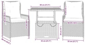 3 pcs conjunto de jantar p/ jardim com almofadões vime PE bege