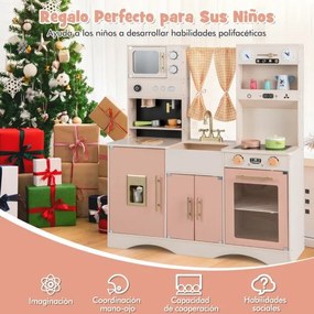 Cozinha de madeira para crianças 102 x 35 x 110 cm de 3 anos com micro-ondas, cafeteira, máquina de gelo, pia, relógios, forno e acessórios rosa