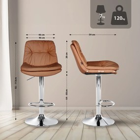 Banco de bar em couro sintético com estrutura prateada 92-113 x 46 x 54 cm castanho claro