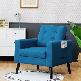 Sofá moderno de braços em pele Apida com pernas de madeira e 2 bolsos laterais 75 x 81 x 86 cm Azul