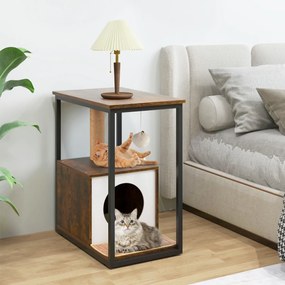 Mesa de apoio com arranhador e Casa do gato Tapete de arranhar amovível Brinquedo de bola Castanho