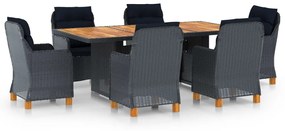 vidaXL 7 pcs conj. jantar exterior c/ almofadões vime PE cinza-escuro