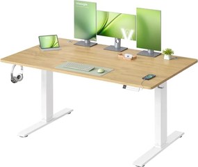 Secretária elétrica 140 x 80 x (72-120) cm com altura ajustável, porta USB e função de memória, bege e branca