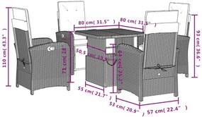 5 pcs conjunto de jantar p/ jardim com almofadões vime PE bege