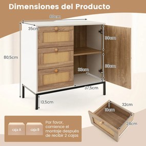 Aparador Aljezur com Frente em Rattan – 80x35x80,5 cm – Branco e Natur