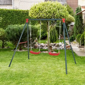 Outsunny Balanço duplo para crianças acima de 3 anos com suporte de metal coml Corda ajustável ao ar livre máx. 40kg 220x160x180cm Verde Vermelho