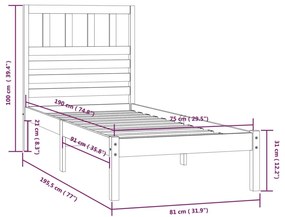 Estrutura cama de solteiro pequena 75x190 cm pinho maciço preto