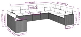 10 pcs conjunto sofás de jardim c/ almofadões vime PE preto