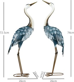 Conjunto de 2 estátuas de jardim: escultura de grou, decoração exterior com tema de aves, em aço, para terraço, varanda, pátio e relvado multicolorida