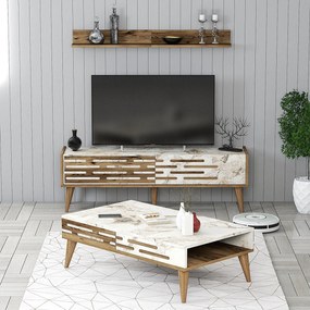 Conjunto de Mobiliário de Sala Valensiya – Nogueira, Branco e Mármore