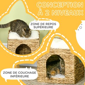 Compartimento aberto para gatos de 2 andares com 2 almofadas em jacinto-d'água - 37,5 x 37,5 x 41,5 cm castanho-creme