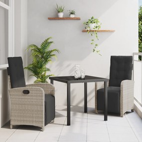 vidaXL Conjunto de Jantar de Jardim de 3 Peças com Almofadas Rattan Fibrado Cinza Claro
