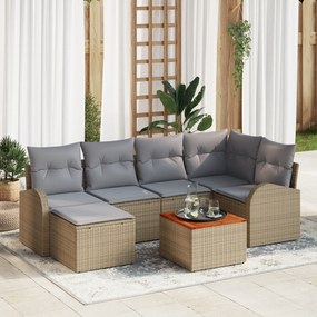 vidaXL Conjunto Sofá 7 Peças com Almofadas Bege Rattan Poliéster Acácia
