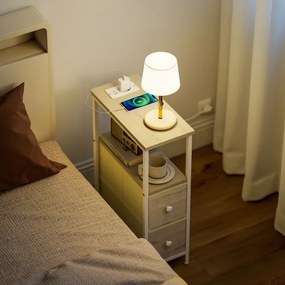Conjunto de 2 Mesas Cabeçeiras ou mesas Apoio Estreitas 20x40x63 cm com Tomada AC Porta USB Porta USB-C 2 Gavetas Madeira e Branco