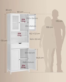 Armário de casa de banho com prateleiras 30 x 60 x 170 cm, gaveta e compartimentos abertos Branco 