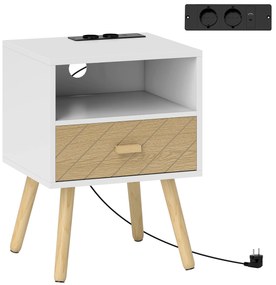 HOMCOM Mesa de Cabeceira com Estação de Carregamento Gaveta 2 Tomadas AC Porta USB e Tipo-C 40x35x54,7 cm Branco | Aosom Portugal