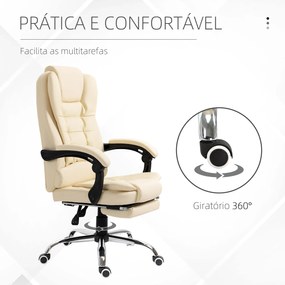 Cadeira de Escritório Reclinável Cadeira Executiva Giratória com Altura Ajustável Estofada em PU 64,5x69x109-117 cm Creme