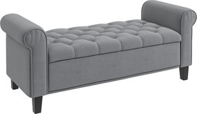 Banco de arrumação para a cabeceira da cama com braços, tecido com efeito de veludo, estofado e acolchoado, 126 x 48,5 x 57 cm, cinzento