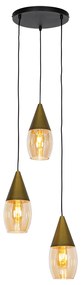 Candeeiro suspenso moderno dourado com vidro âmbar 3 luzes - Drop Moderno