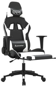 Cadeira gaming massagens c/ apoio pés couro artif. preto/branco