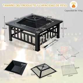 Braseiro Exterior 81 cm Quadrado 3 em 1 Grelha para Lenha e Churrasco para Piquenique campismo Fogueira Preto