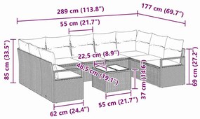 Conjunto de Sofá de Jardim com 10 peças e almofadas marrons em rattan