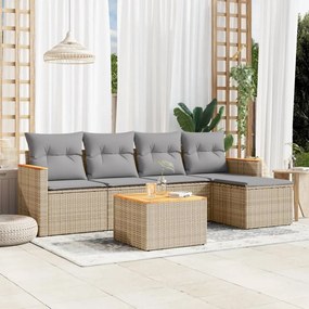 6 pcs conj. sofás jardim c/ almofadões vime PE bege misturado