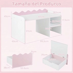 Secretária Infantil com Estante Aberta, 89,5 x 40 x 45 cm, Caixa de Arrumação com Rodas, Rosa