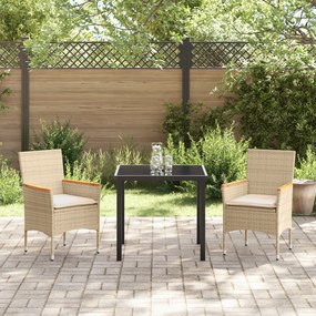 Conjunto de Jantar vidaXL de 3 Peças com Almofadas Bege Rattan Poli
