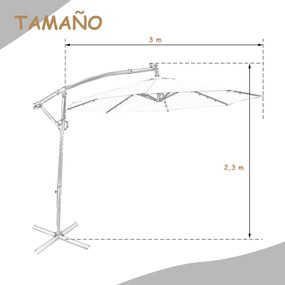 Guarda-sol solar de 3m Com luzes LED e base cruzada para jardim Manivela para rotação 8 Hastes Poste de alumínio Bege