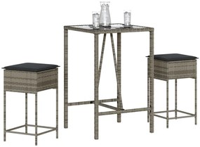 3 pcs conjunto de bar p/ jardim c/ almofadões vime PE cinzento