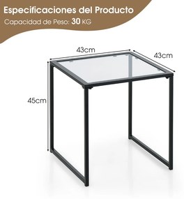 Mesa de apoio quadrada Jardim ou sala com estrutura metálica de vidro temperado para sala de estar Terraço Jardim 43 x 43 x 45 cm Preto