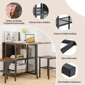 Conjunto de mesa de jantar dobrável de 3 peças com 2 bancos Rodas com fecho 2 Estantes de arrumação de cozinha em rede castanho + preto