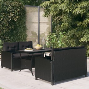 3 pcs conjunto de jantar p/ jardim c/ almofadões vime PE preto