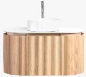 Conjunto De Móvel De Casa De Banho Suspenso 90x50 Cm Em Madeira Carsone Madeira Natural & Sem Unidade Auxiliar & Cerâmica Redonda - Sklum