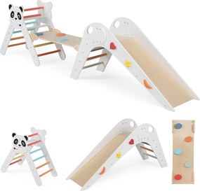 Parque dobrável para escalada para crianças Montessori de escalada em madeira com tema de panda Ginásio interior com escorrega Branco