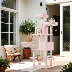 Arranhador para gatos grande 55 x 45 x 168 cm com 13 colunas de arranhar, vários andares, rosa pastel