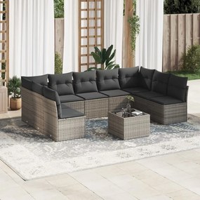 10 pcs conjunto sofás de jardim c/ almofadões vime PE cinzento