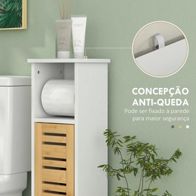 Coluna Casa de Banho Pequena Moderna Móvel Auxiliar Casa de Banho com Suporte para Papel Higiénico 21x17x78 cm Branco e Madeira