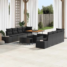 vidaXL Conjunto de Sofá de Jardim de 11 Peças com Almofadas Rattan Poliéster Preto Acácia