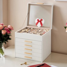 Caixa para joias com 6 níveis, com tampa de vidro 20,3 x 23,1 x 22,8 cm branco-dourado