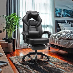 Cadeira ergonómica gaming com apoio para os pés, para escritório 70 x 70 x (122-134) cm, almofadas ajustáveis para a cabeça e a região lombar Preta
