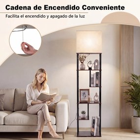 Candeeiro de pé industrial com 5 estantes abertos escalonados 40 x 29 x 172 cm, abajur de linho, Estrutura metálica e casquilho E27 para sala de estar
