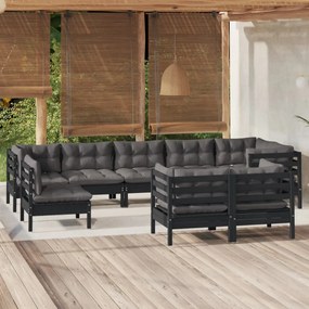 vidaXL 9 pcs conjunto lounge jardim c/ almofadões pinho maciço preto